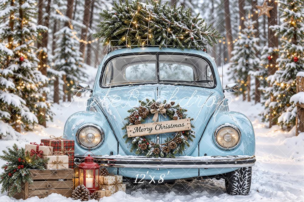 Kate Christmas Blue Vintage Truck Snowy Forest Wreath Printed Backdrop Designed by Emetselch