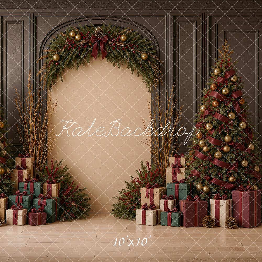 Kate Christmas Tree Red Ribbon Bow Arch Gift Vintage Printed Backdrop Designed by Shutter Swan Studios