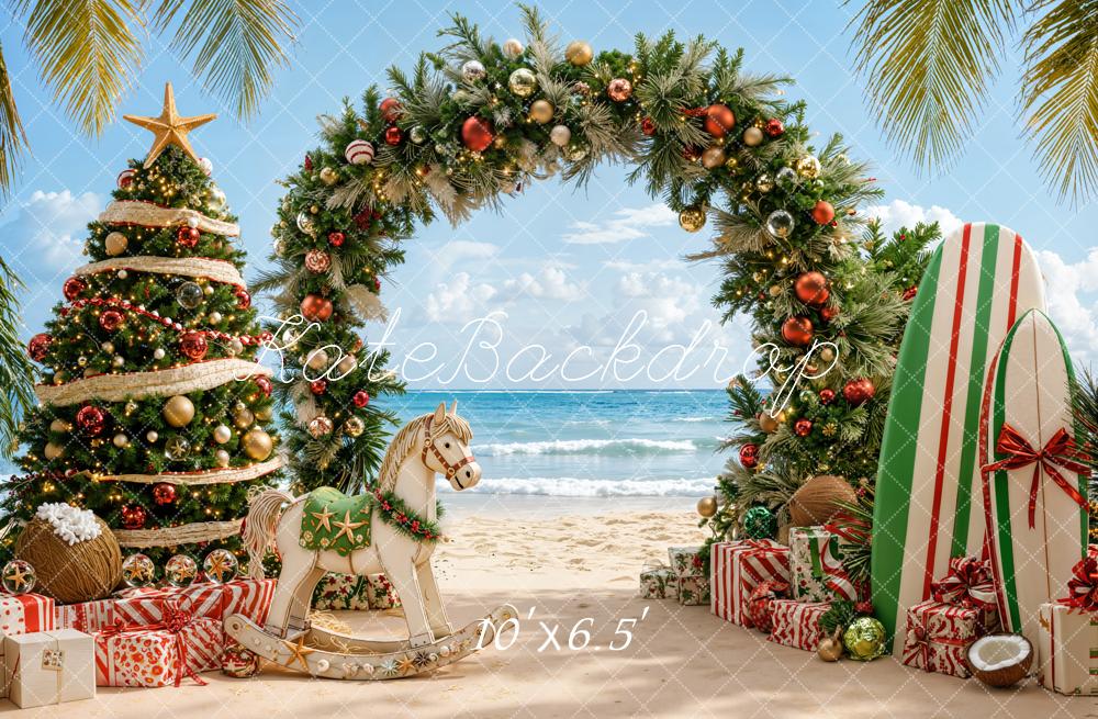Kate Christmas Beach Tree Pine Arch Surfboard Rocking Horse Printed Backdrop Designed by Emetselch