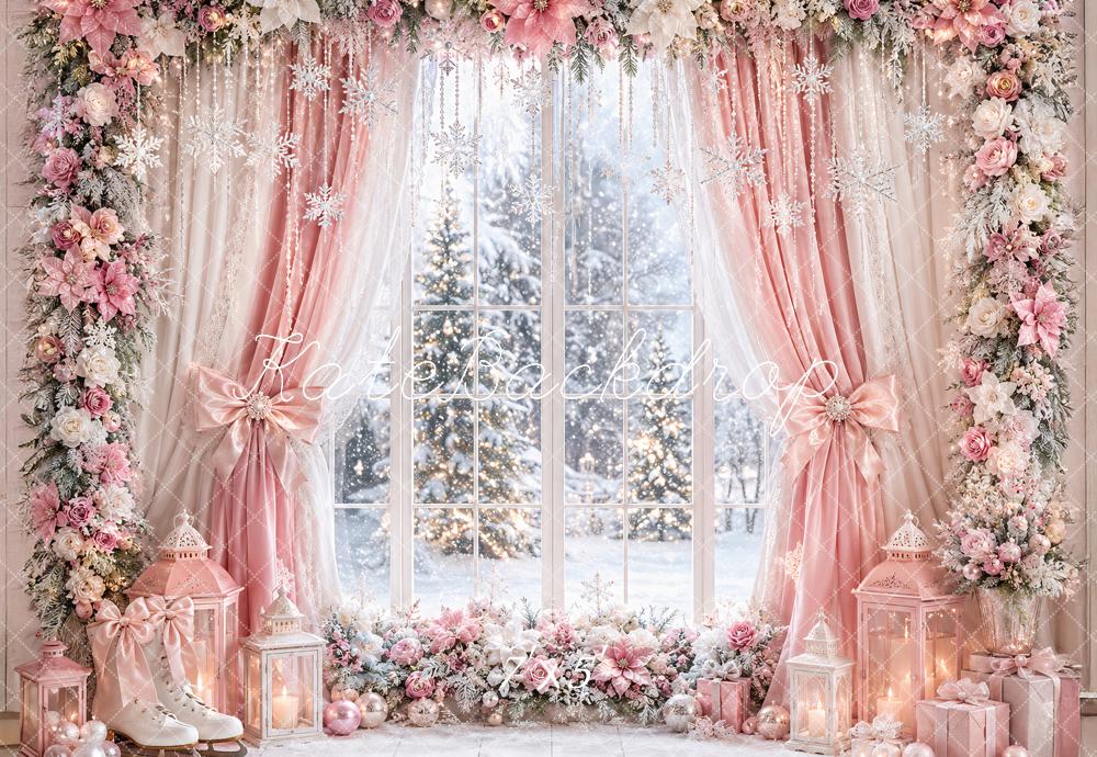 Kate Christmas Pink Curtains Flower Arch Window Snowy Printed Backdrop Designed by Ashley Paul