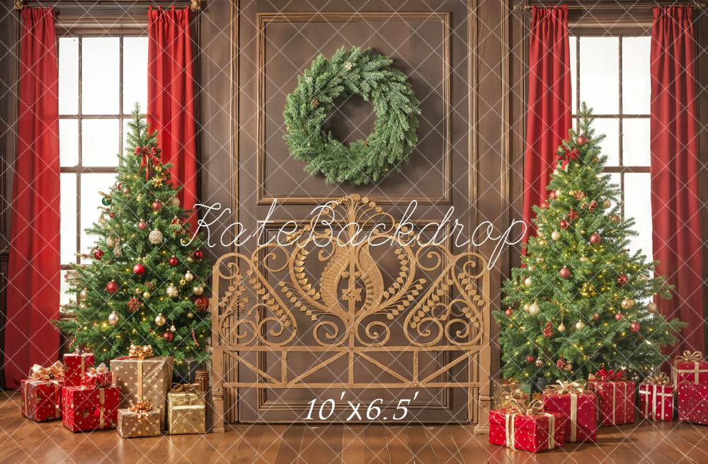 Kate Christmas Headboard Trees Wreath Gifts Red Curtains Printed Backdrop Designed by Emetselch