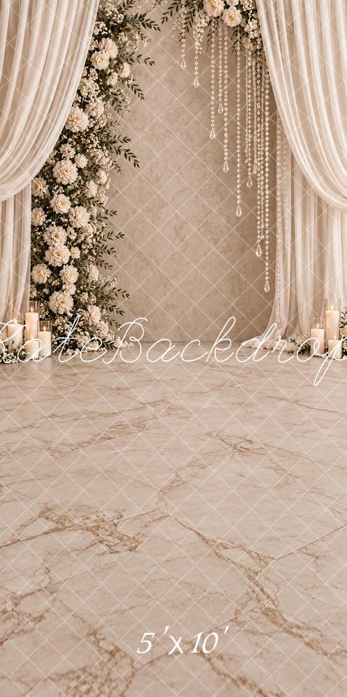 Kate Sweep Wedding Beige Floral Arch Crystal Drapes Printed Backdrop Designed by Vertigo Productions