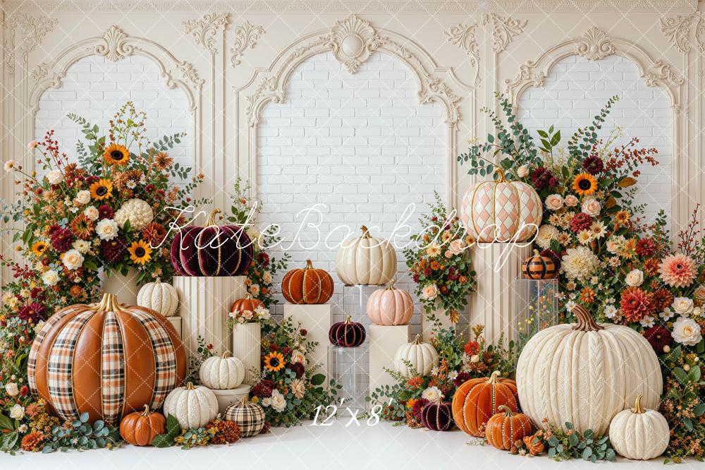 Kate Fall Pumpkin Harvest Floral Arch Vintage Wall Printed Backdrop Designed by Mini MakeBelieve