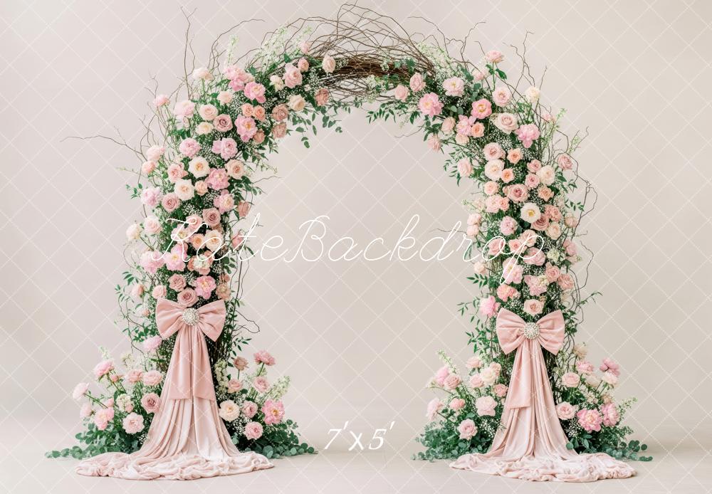 Kate Spring Flower Arch Pink Roses Greenery Bows Backdrop Designed by Patty Roberts