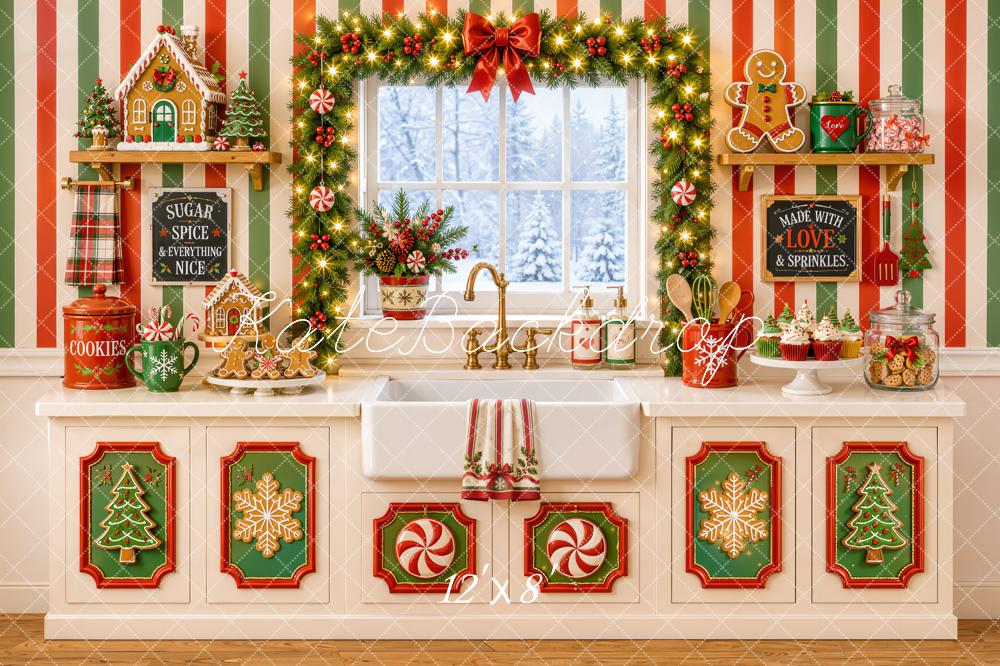 Kate Christmas Kitchen Gingerbread Cookies Garland Striped Wall Printed Backdrop Designed by Emetselch