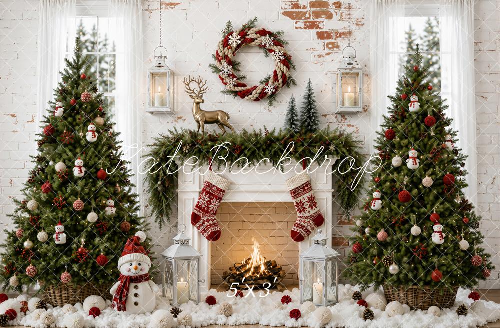 Kate Christmas Trees Fireplace Snowman Reindeer Wreath Vintage Wall Printed Backdrop Designed by Emetselch
