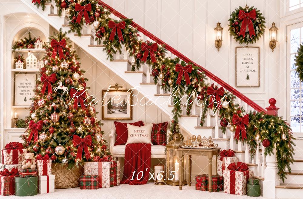Kate Christmas Staircase Tree Garland Wreath Gifts Printed Backdrop Designed by Patty Roberts