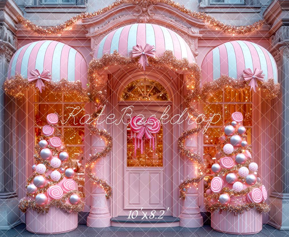 Kate Christmas Pink Storefront Candy Trees Awning Backdrop Designed by Mini MakeBelieve