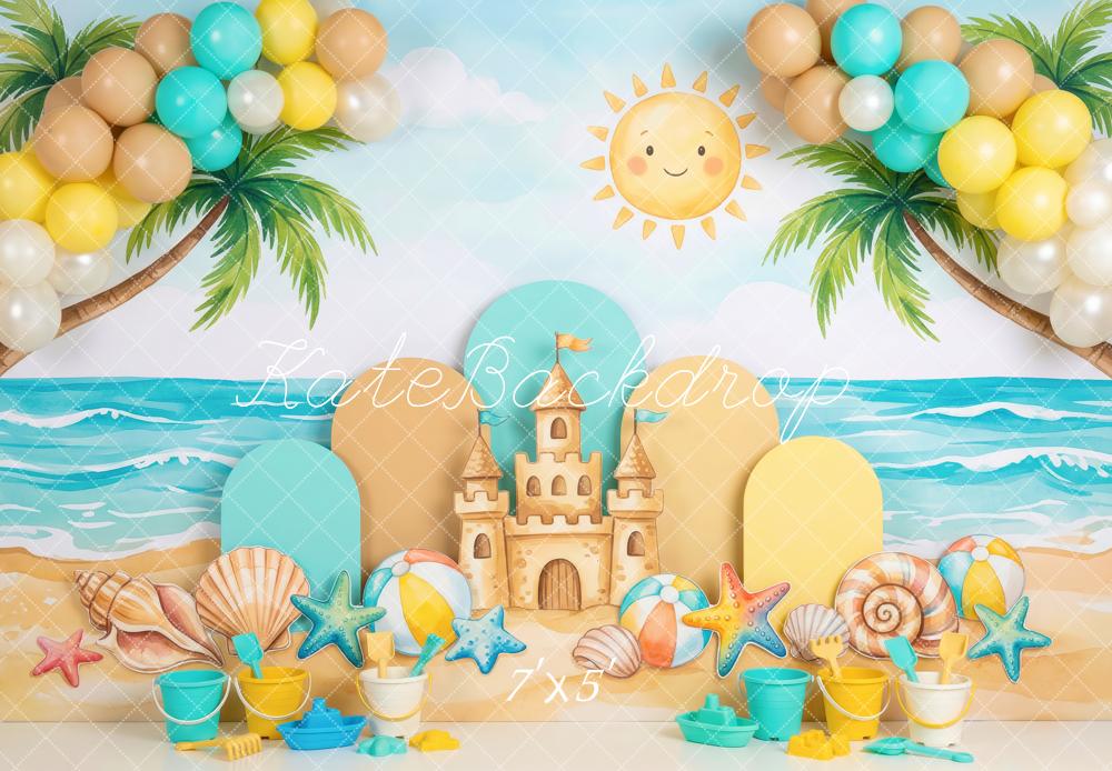 Kate Summer Beach Sandcastle Palm Trees Shells Balloons Printed Backdrop Designed by Patty Roberts