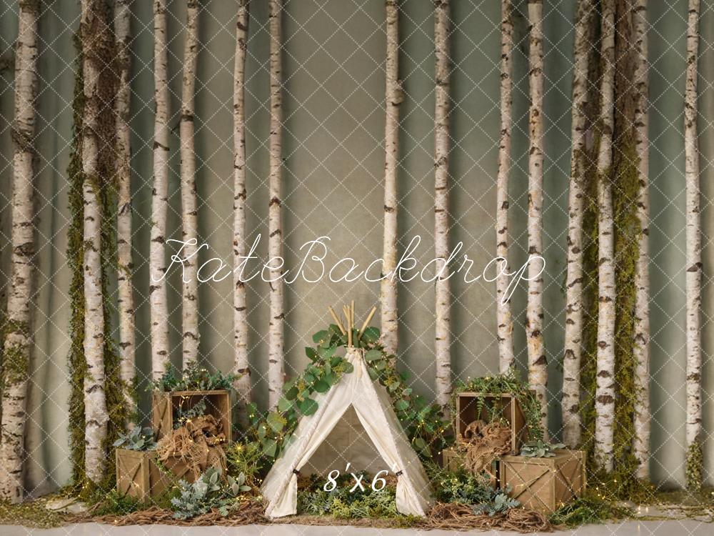 Kate Camping Forest Birch Trees Crates Teepee Printed Backdrop Designed by Mandy Ringe Photography
