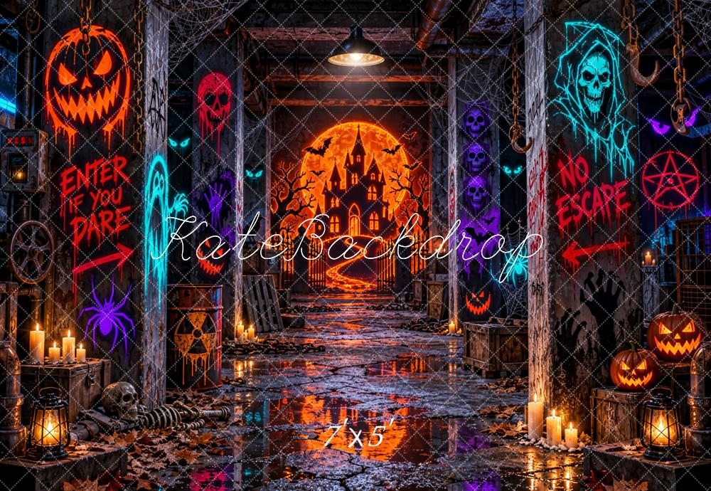Kate Halloween Haunted Castle Hallway Pumpkins Printed Backdrop Designed by Emetselch