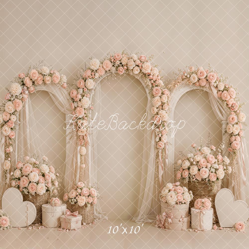 Kate Valentine's Day Pink Floral Arches Sheer Drapes Heart Printed Backdrop Designed by Emetselch