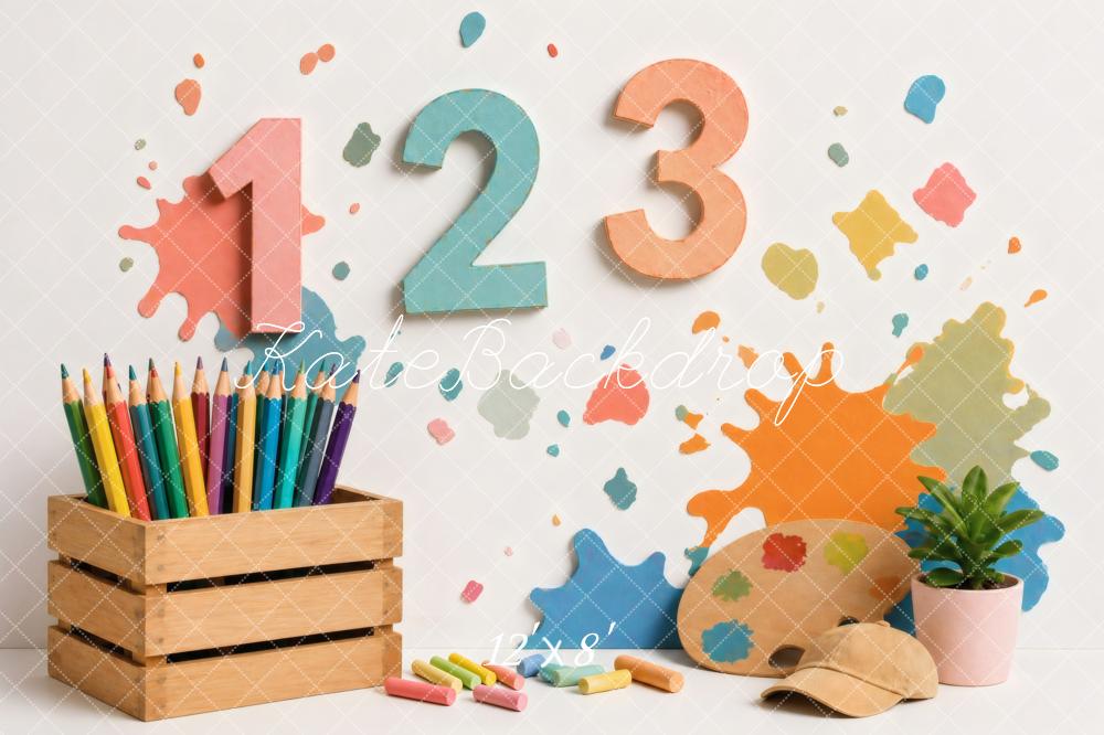 Kate Back To School Numbers Paint Splash Art Supplies Printed Backdrop Designed by Vertigo Productions