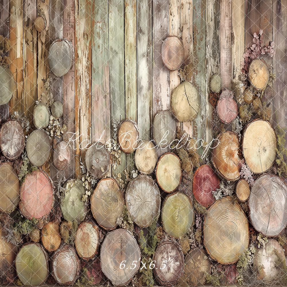 Kate Rustic Wood Slices Pastel Wood Planks Printed Backdrop Designed by Angela Miller