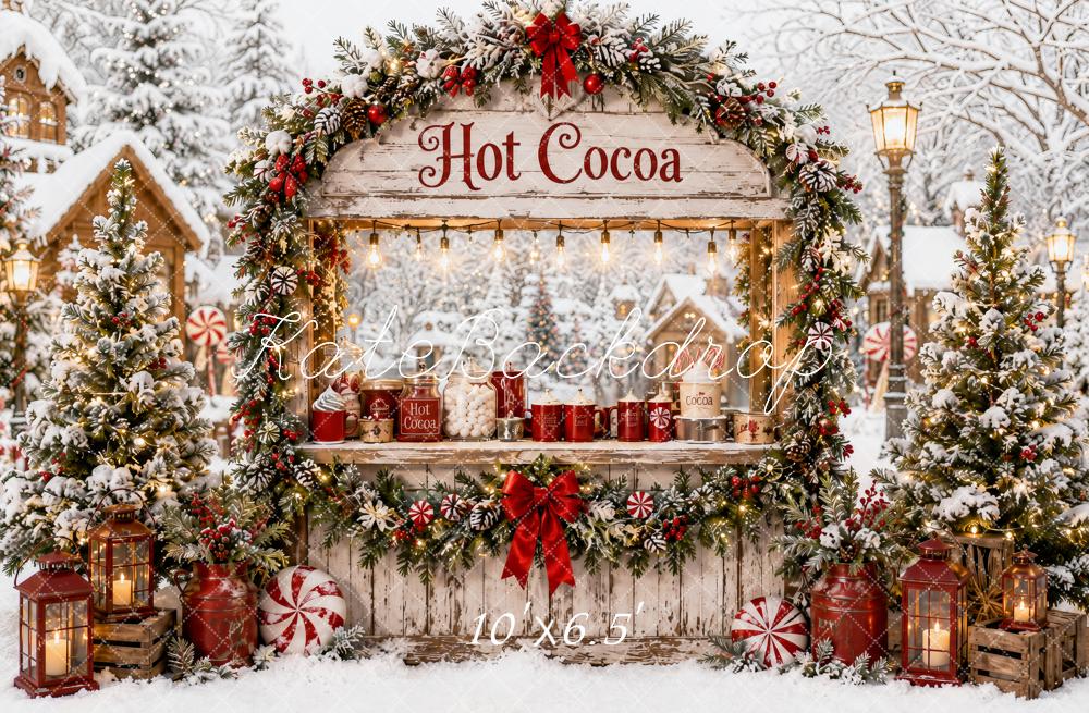 Kate Christmas Vintage Hot Cocoa Stand Snowy Village Trees Printed Backdrop Designed by Ashley Paul