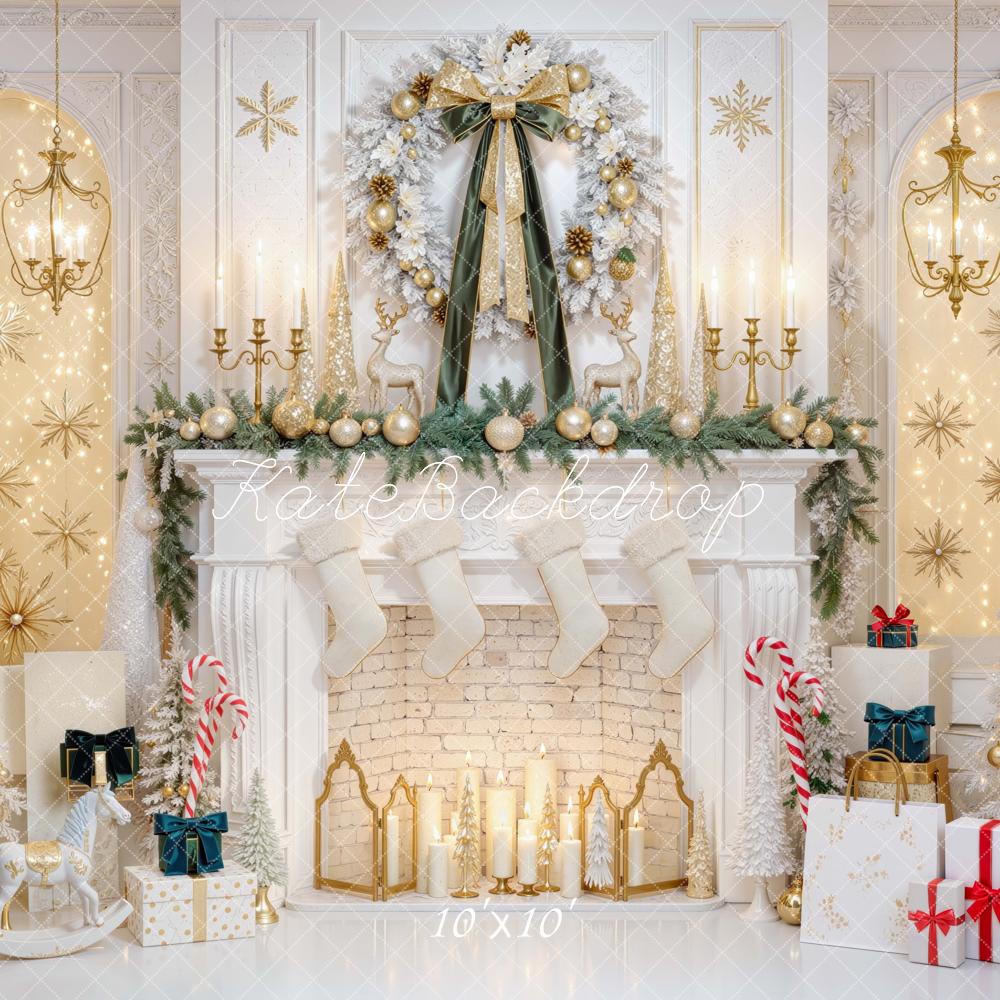 Kate Christmas White Gold Fireplace Wreath Trees Candlestick Printed Backdrop Designed by Mini MakeBelieve