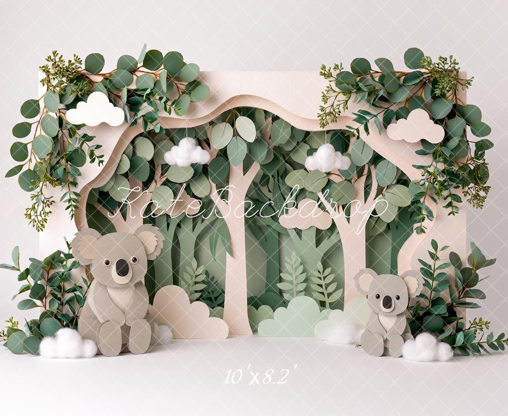Kate Cake Smash Paper Forest Koala Eucalyptus Greenery Printed Backdrop Designed by Angela Miller