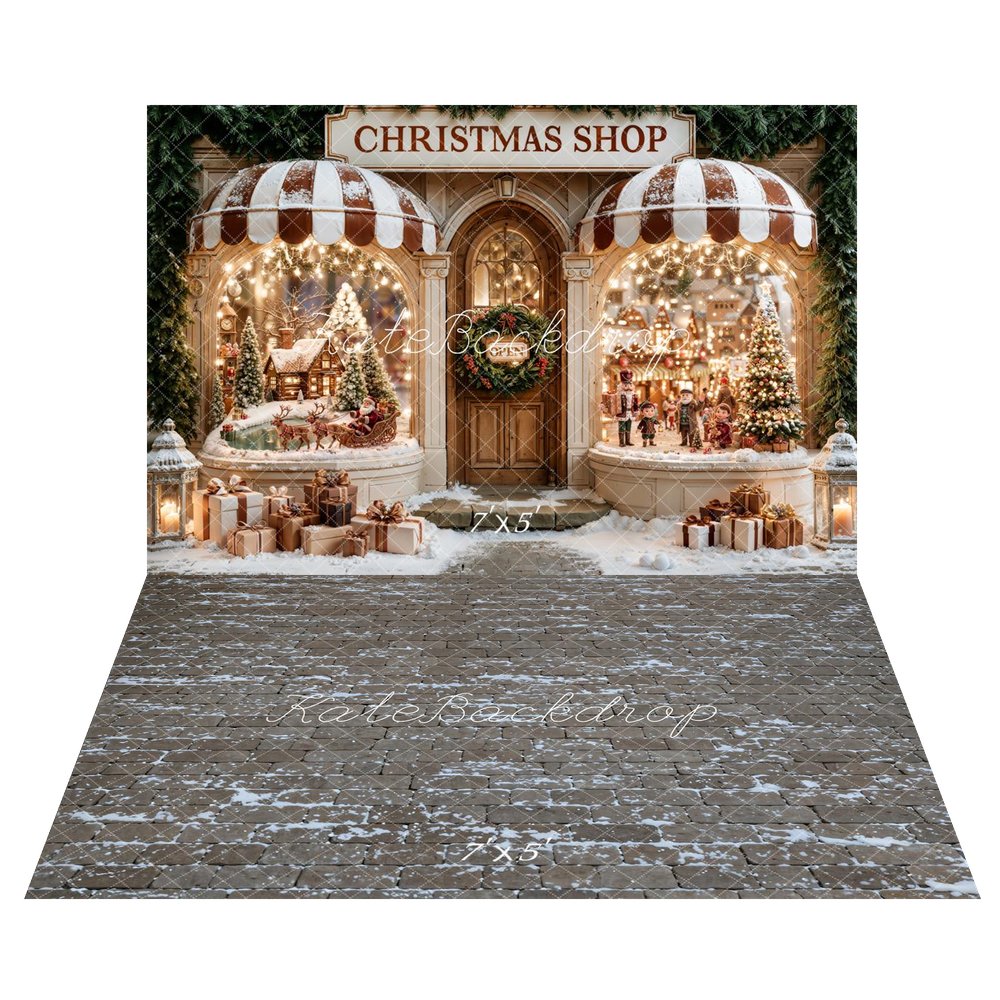 Kate Christmas Shop Window Santa Sleigh Snow Gifts Printed Backdrop+Cobblestone Snow Floor Printed Backdrop