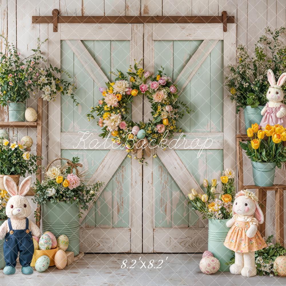 Kate Easter Bunny Mint Green Barn Door Wreath Floral Eggs Backdrop Designed by Emetselch