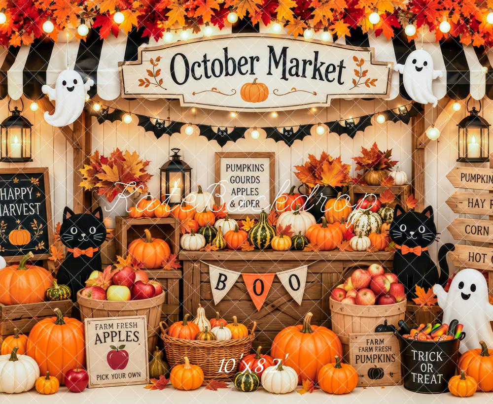 Kate Halloween Market Orange Pumpkin Ghost Cat Kids Printed Backdrop Designed by Patty Roberts