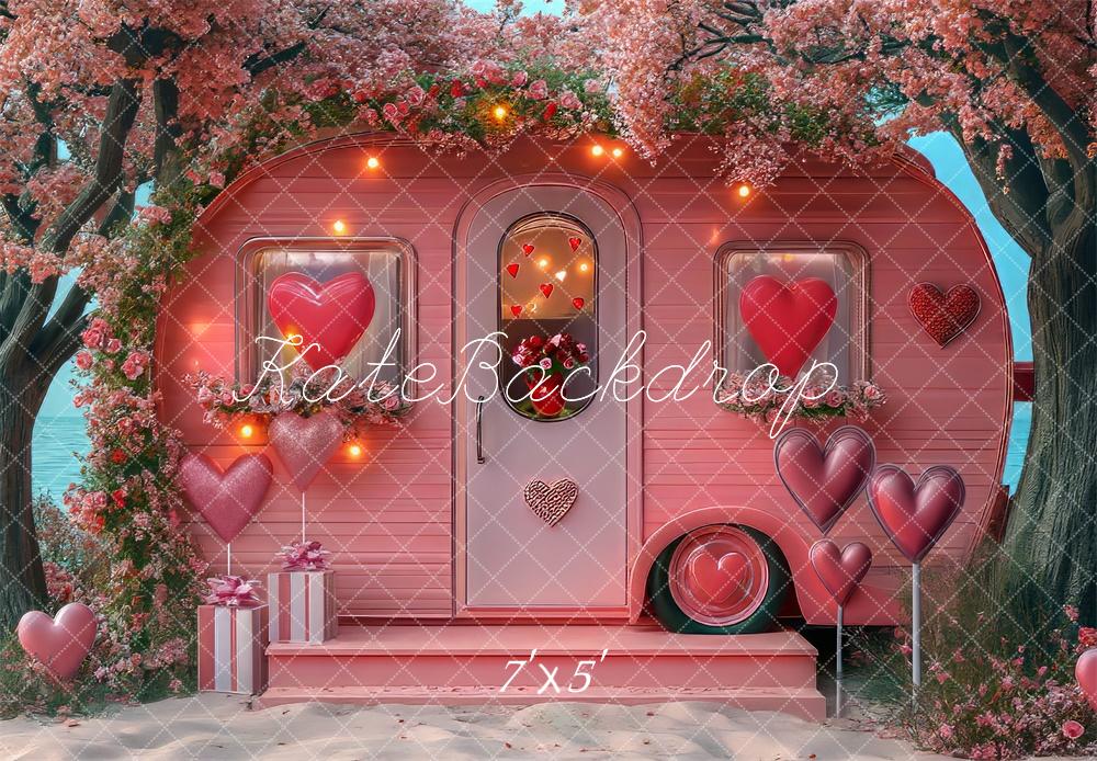 Kate Valentine Hearts Pink Caravan Backdrop Designed by Mini MakeBelieve