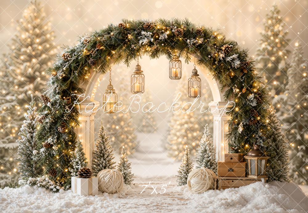 Kate Christmas Garland Arch Lanterns Snowy Trees Printed Backdrop Designed by Emetselch