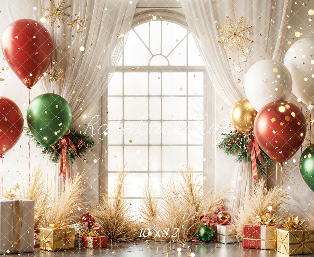 Fondo de Ventana Arqueada Navideña Rojo Verde con Globos y Regalos diseñado por Emetselch