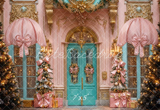Kate Christmas Retro Arch Door Pink Bow Ornaments Printed Backdrop Designed by Emetselch