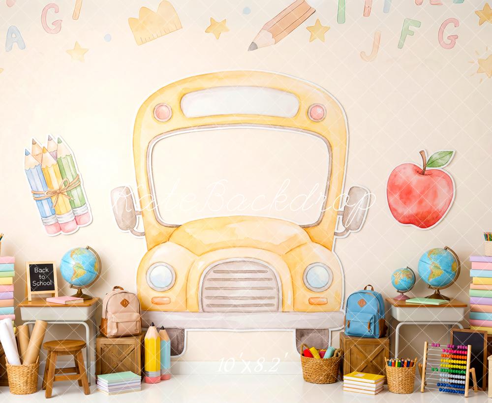 Kate Back to School Yellow School Bus Classroom Supplies Printed Backdrop Designed by Patty Roberts