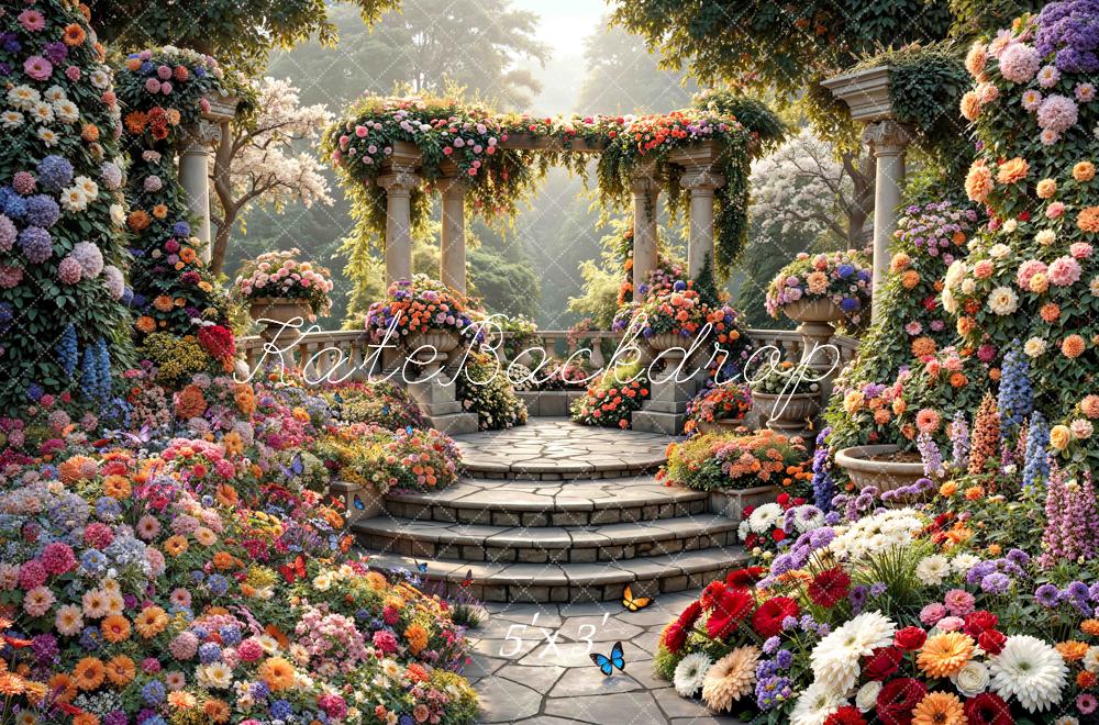 Kate Spring Flower Arch Cascading Stairs Garden Printed Backdrop Designed by Mini MakeBelieve