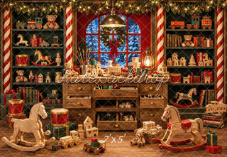 Kate Christmas Toys Room Wooden Rocking Horse Teddy Bear Printed Backdrop Designed by Emetselch