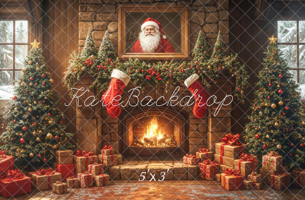 Kate Christmas Tree Brick Fireplace Santa Stockings Backdrop Designed by Emetselch