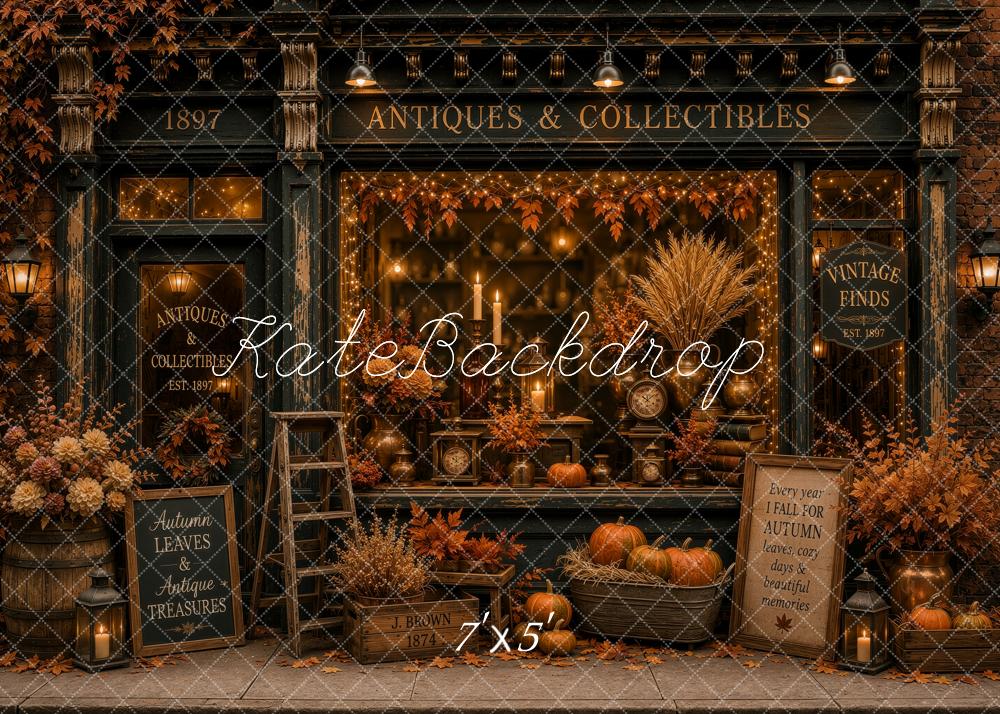 Kate Fall Antique Store Pumpkins Maple Leaves Lanterns Printed Backdrop Designed by Ashley Ward