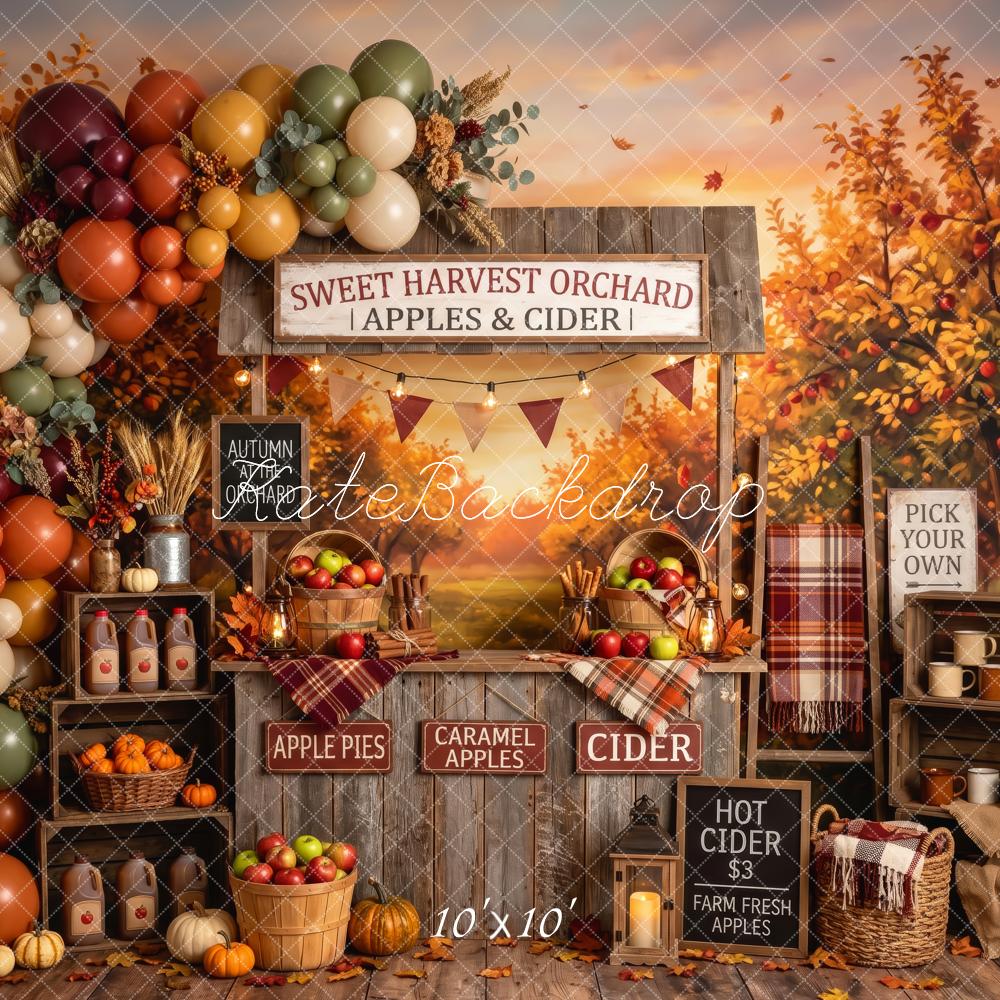 Kate Fall Birthday Apple Orchard Cider Stand Balloons Printed Backdrop Designed by Patty Roberts