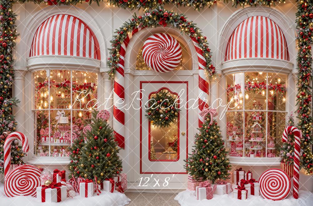 Kate Christmas Candy Shop Peppermint Candy Canes Trees Striped Awning Printed Backdrop Designed by Emetselch