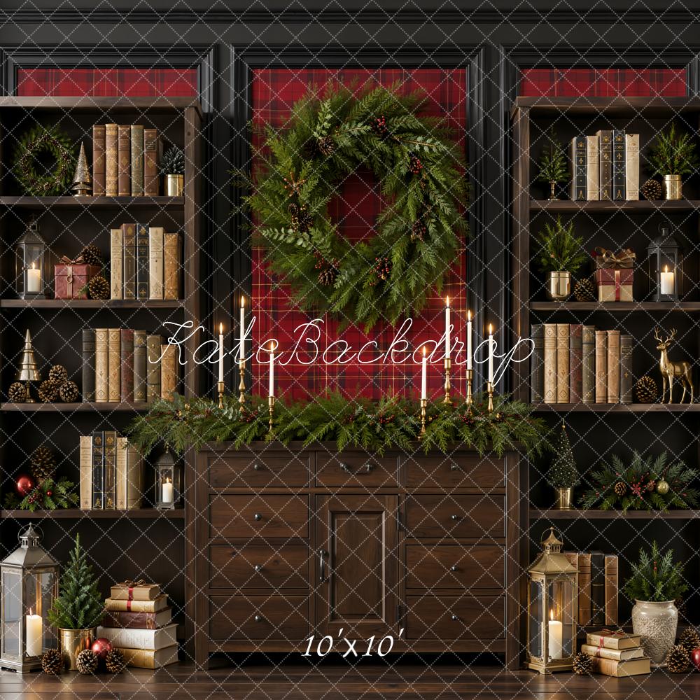 Kate Christmas Retro Library Wreath Brown Bookshelf Printed Backdrop Designed by Emetselch
