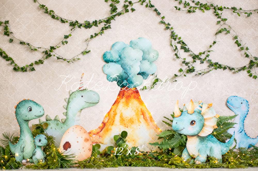Kate Cake Smash Dinosaur Volcano Jungle Vines Printed Backdrop Designed by Megan Leigh Photography