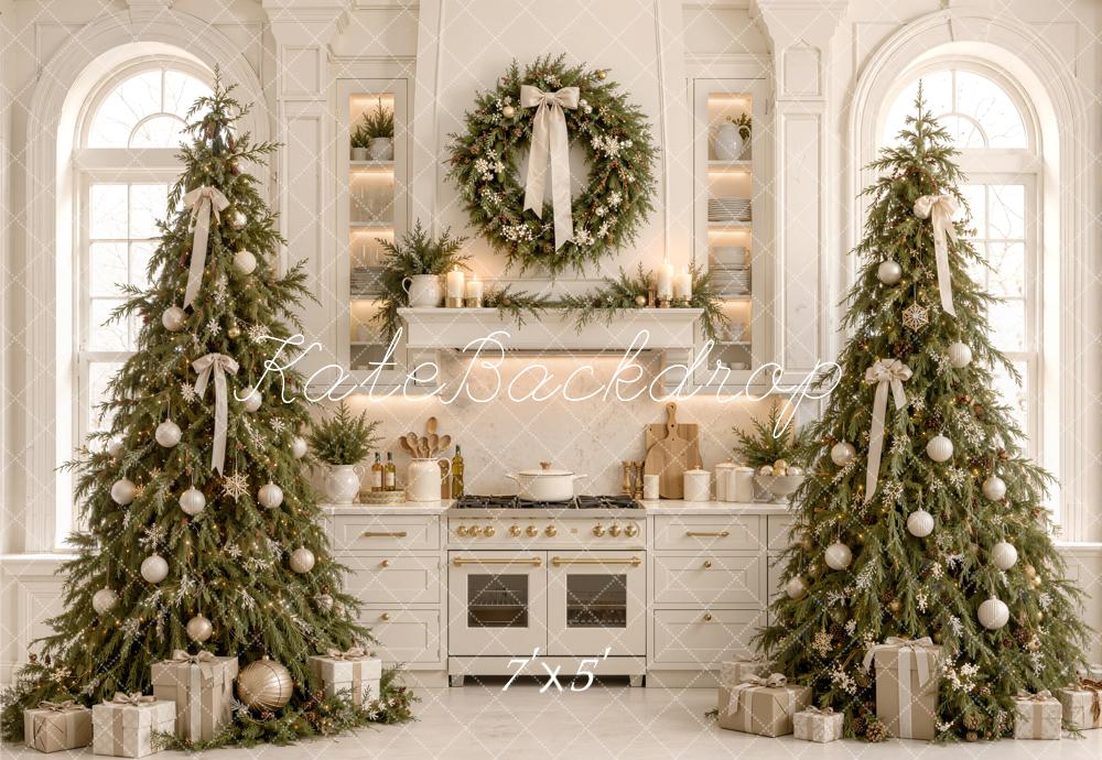 Kate Christmas White Kitchen Trees Wreath Bow Arched Window Printed Backdrop Designed by Emetselch