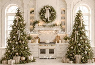 Kate Christmas White Kitchen Trees Wreath Bow Arched Window Printed Backdrop Designed by Emetselch