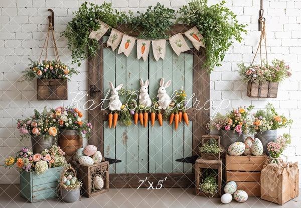Kate Easter Egg Bunny Carrots Wooden Door Printed Backdrop Designed by Emetselch