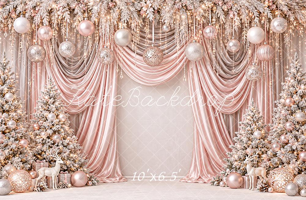 Kate Christmas Rose Gold Drapes Hanging Ornament Trees Luxury Printed Backdrop Designed by Angela Miller