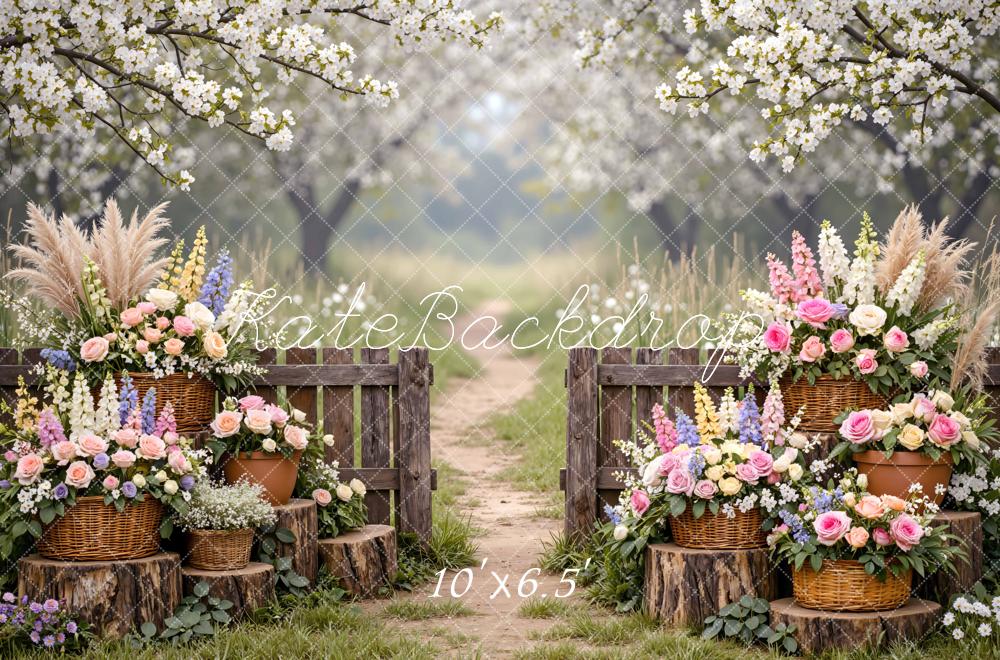 Kate Spring Blossom Garden Wooden Gate Flower Baskets Printed Backdrop Designed by Mini MakeBelieve