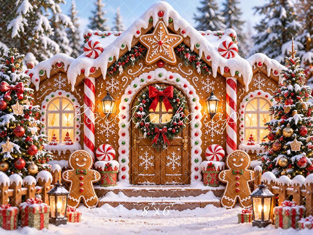 Kate Christmas Snowy Gingerbread House Doorway Candy Cane Printed Backdrop Designed by Chain Photography