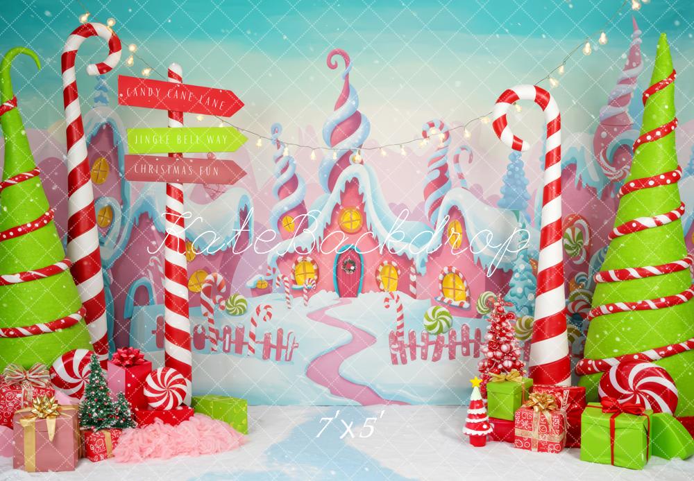 Kate Christmas Candy Cane Gingerbread House Presents Backdrop Designed by Patty Roberts