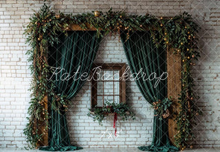 Kate Christmas Green Curtain Brown Window White Brick Wall Printed Backdrop Designed by Emetselch