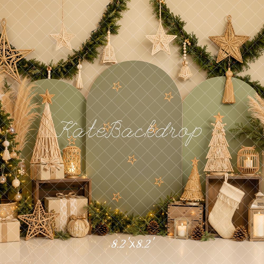 Kate Christmas Boho Green Arch Panels Trees Stars Printed Backdrop Designed by Emetselch