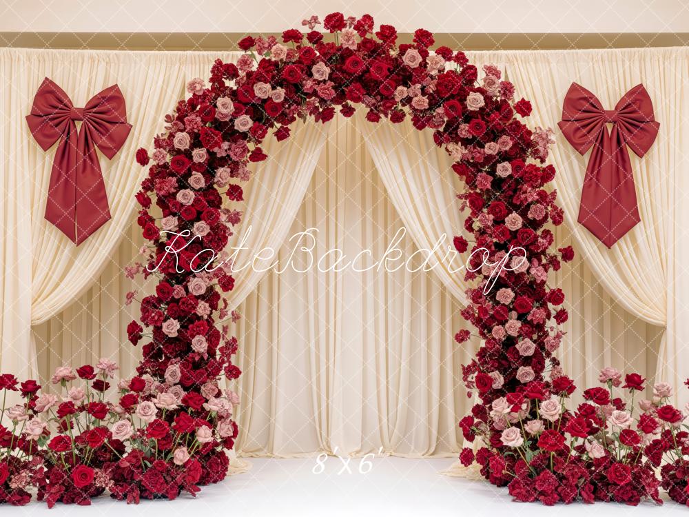 Kate Valentine's Day Flower Arch Red Bow Cream Drapes Backdrop Designed by Patty Roberts