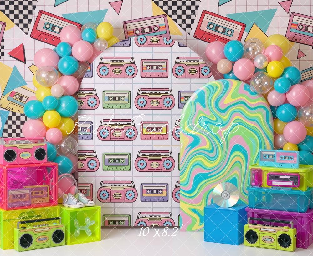 Kate Birthday 90s Retro Cassette Tape Boombox Neon Geometric Graffiti Printed Backdrop Designed by Mini MakeBelieve