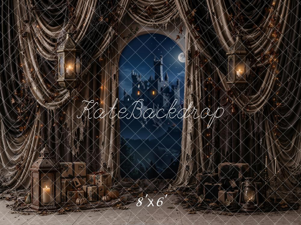 Kate Halloween Spooky Castle Moon Lanterns Shabby Draped Curtains Printed Backdrop Designed by Emetselch