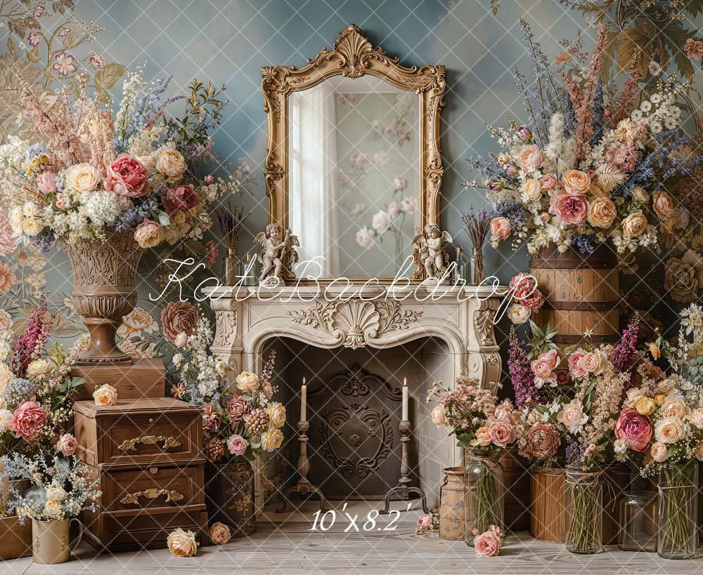 Kate Vintage Floral Mirror Fireplace Printed Backdrop Designed by Emetselch